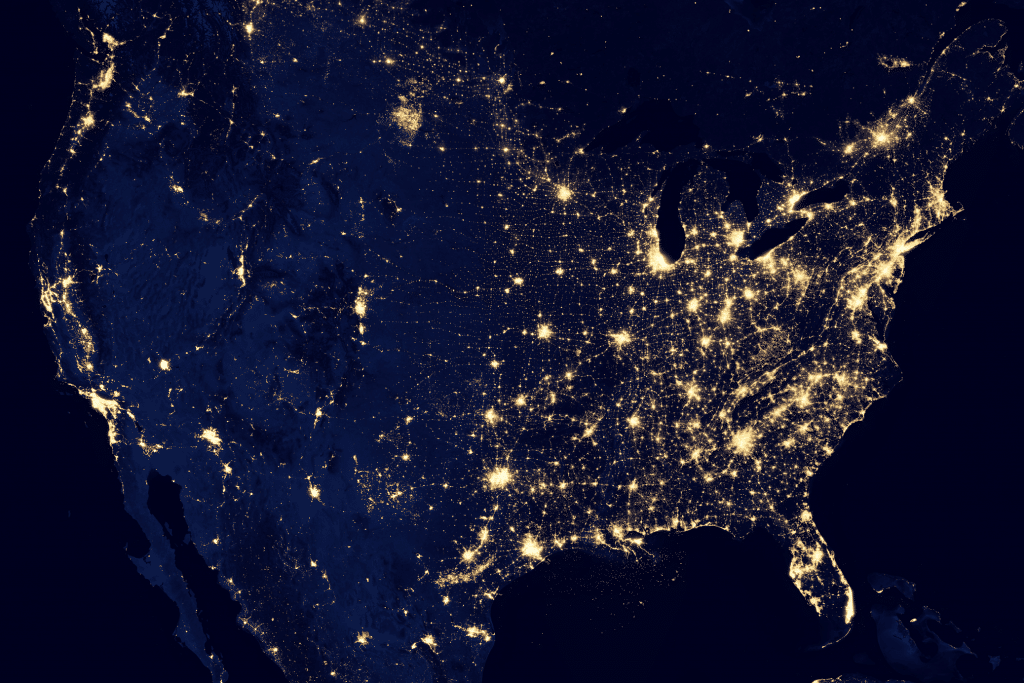 Satellite rendering of the United States at night