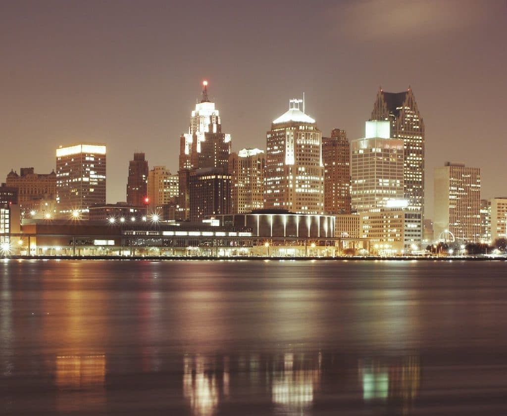 Detroit, Michigan city skyline from the great lake