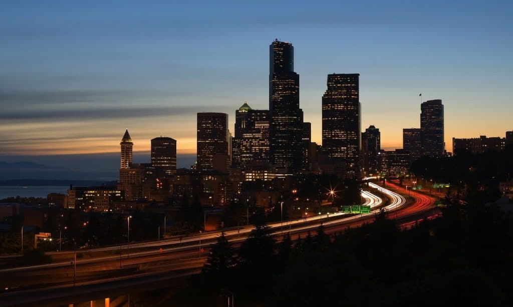 Seattle city skyline at sunset