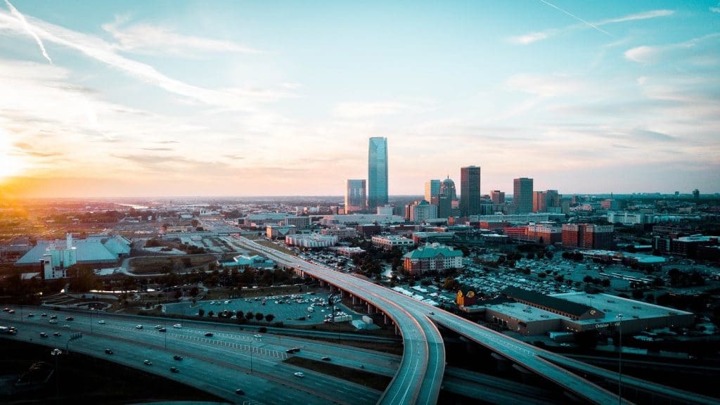 Aerial view of Oklahoma City at sunset