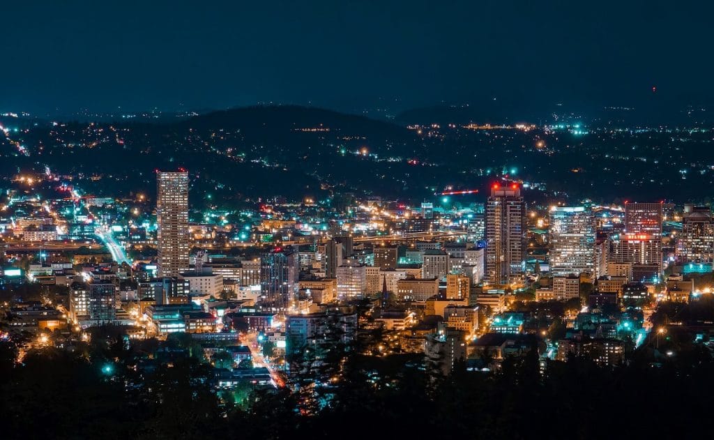 Aerial view of Portland, Oregon at night